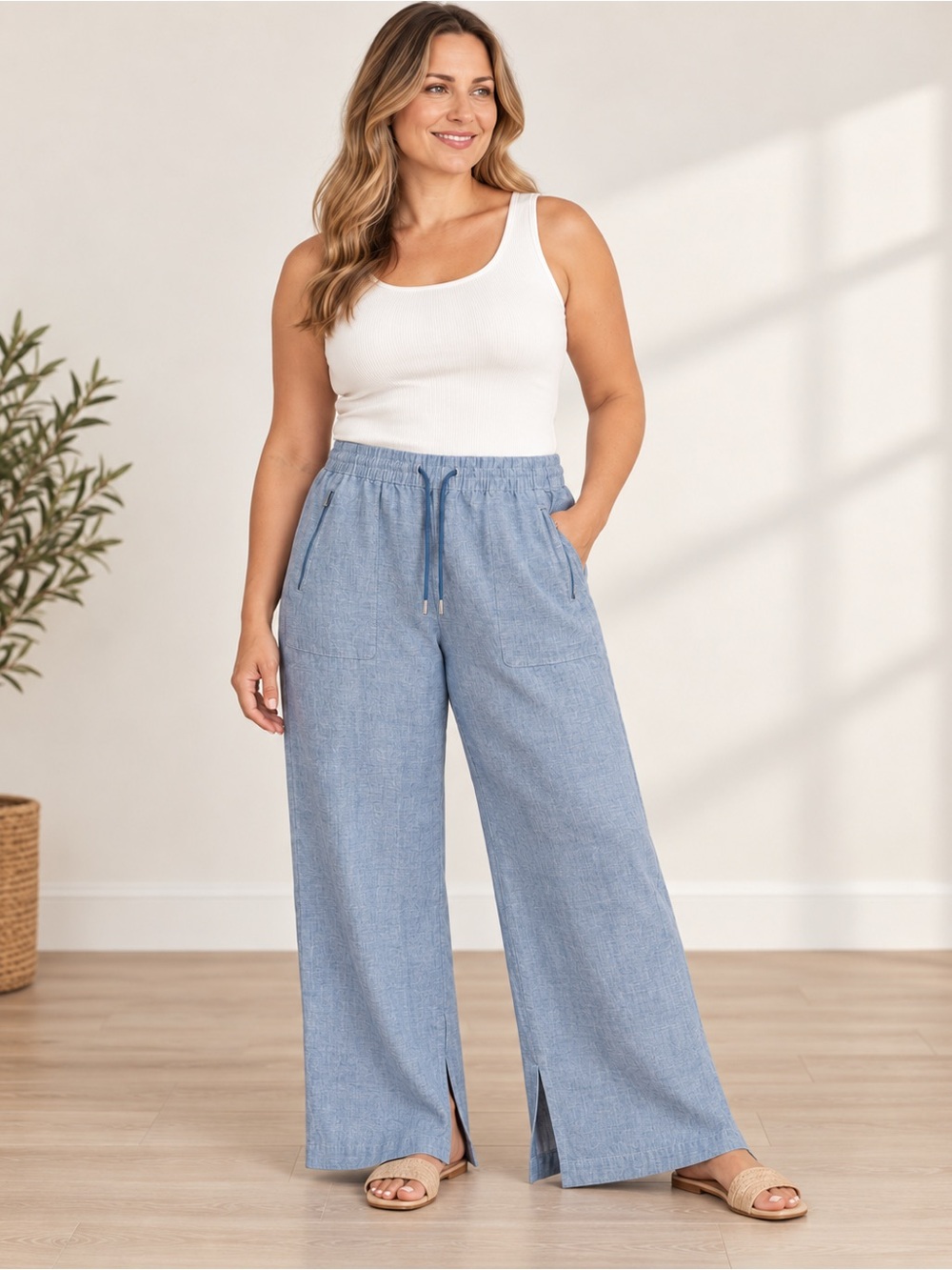 Athleta Cabo Linen Wide Leg Pants Size 12 Blue Chambray Drawstring